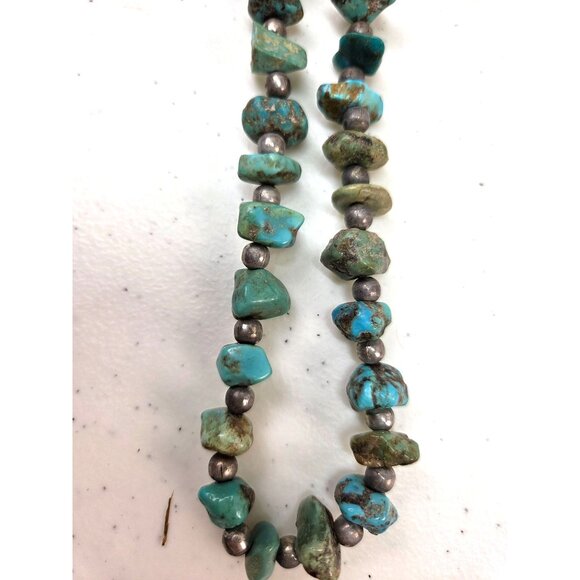 Vintage Turquoise Silver Nugget Beaded Necklace Chunky Rustic Boho Slip On 92gr - Picture 8 of 10